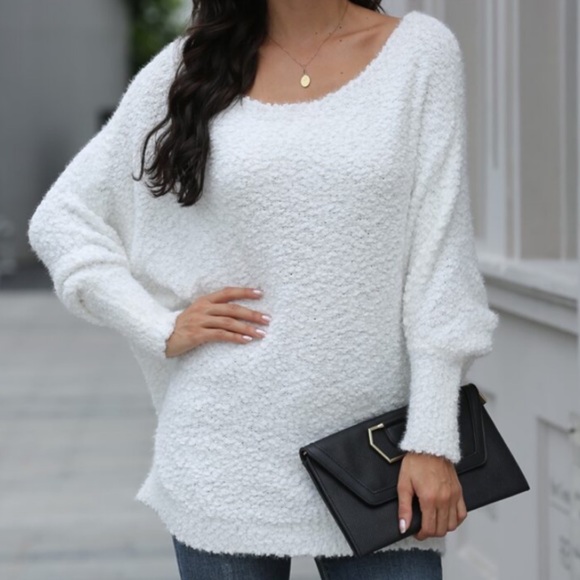 White Popcorn Batwing Soft Oversized Sweater - Picture 7 of 8